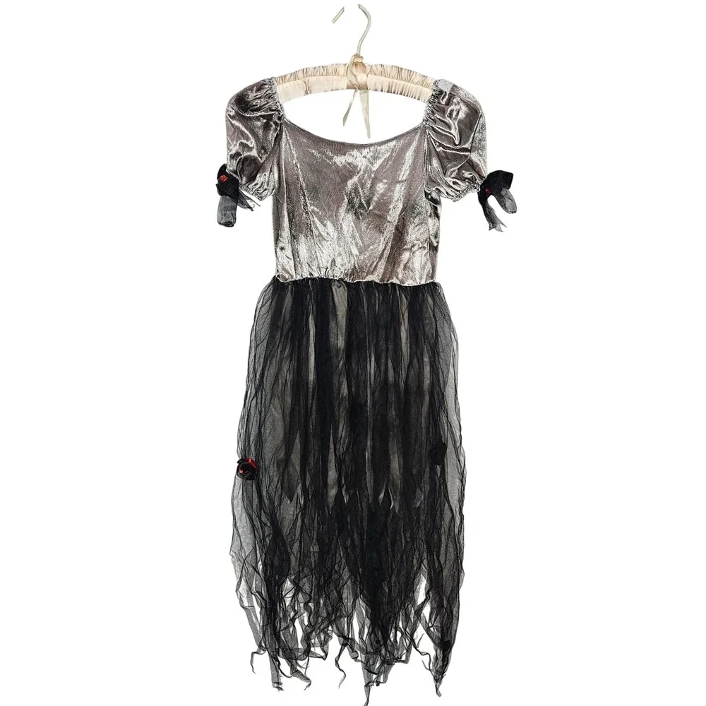 Silver Velvet Gothic Princess Costume Dress Black Tattered Tulle Kids M 8-10